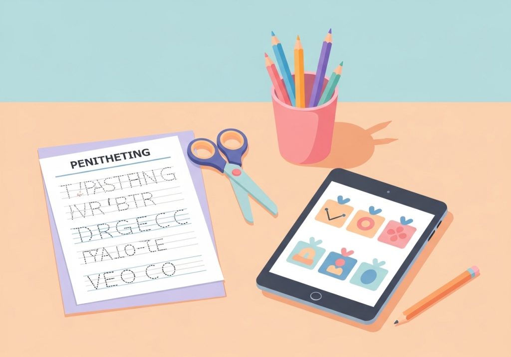 An illustration of practical OT resources like worksheets, scissors, and pencils used to support skill development.