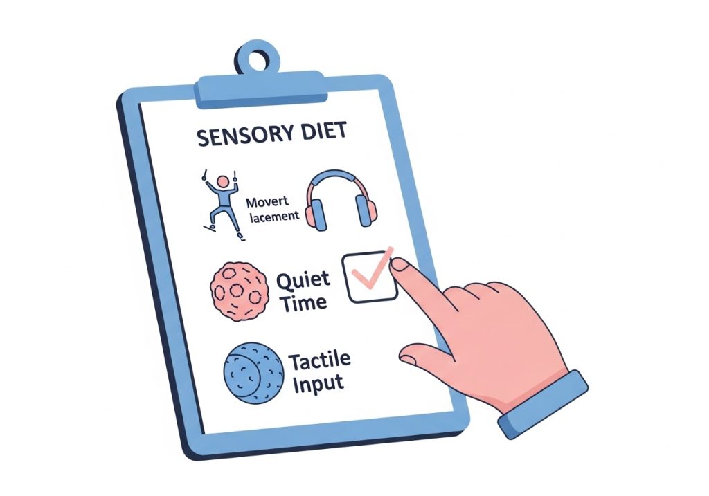 An illustration of a sensory diet checklist with icons for movement breaks and tactile activities, representing OT strategies for sensory needs.