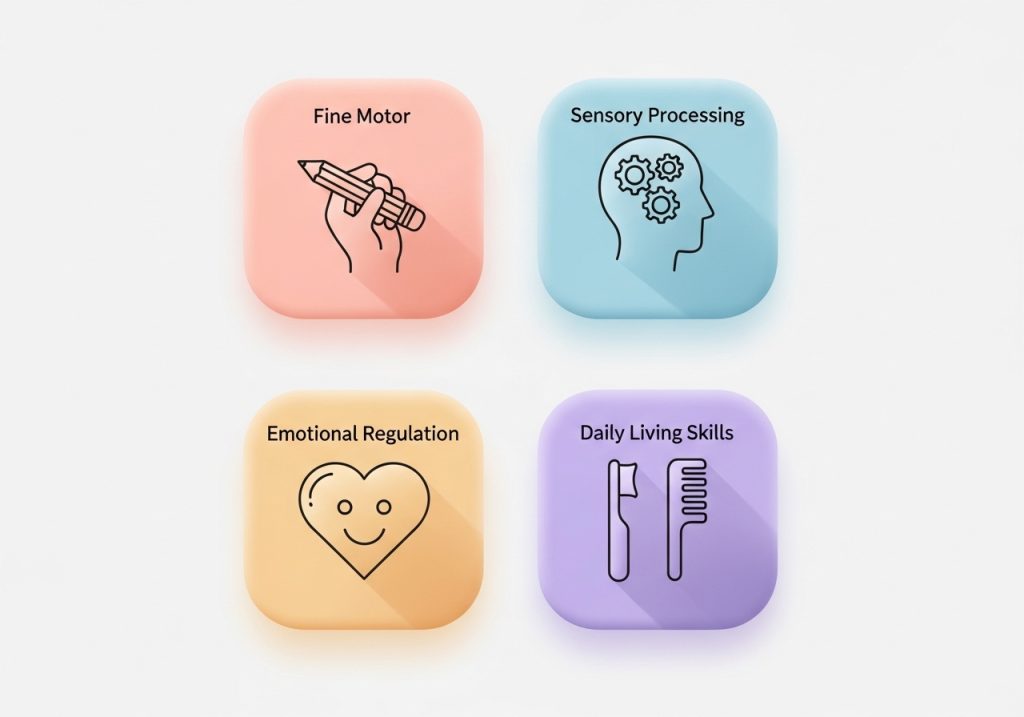 Icons representing key skill areas in pediatric OT: fine motor, sensory processing, emotional regulation, and daily living skills.