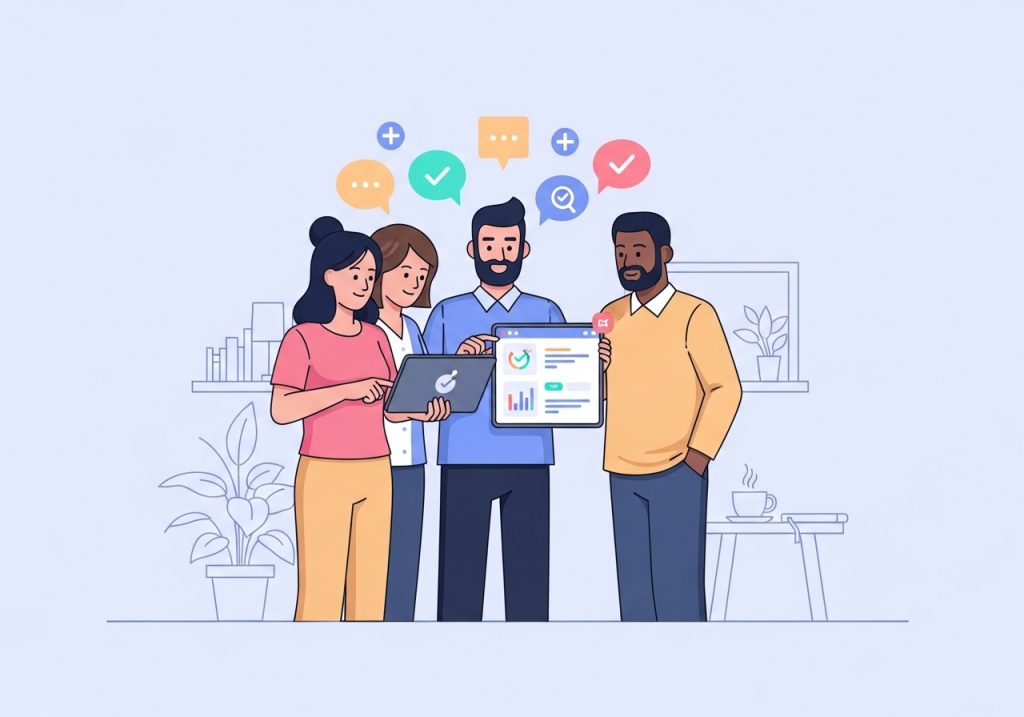 An illustration representing collaboration in peds OT, with a therapist, teacher, and parent working together.