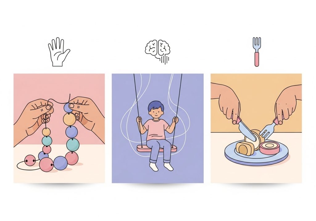 An illustration showing three core areas of peds OT: fine motor skills, sensory processing, and daily living skills.