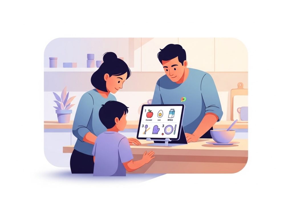 A child and an adult using a tablet with a visual guide for a real-world problem-solving exercise.