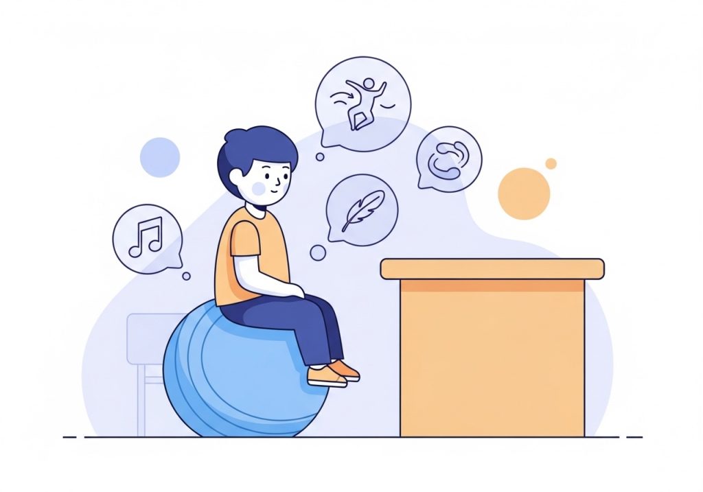 A child focused and regulated in a classroom, illustrating the benefits of a sensory diet.