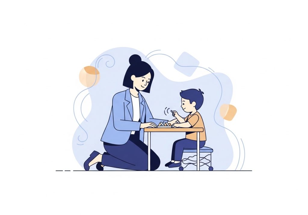 A teacher using a sensory processing guide to help a student in the classroom.