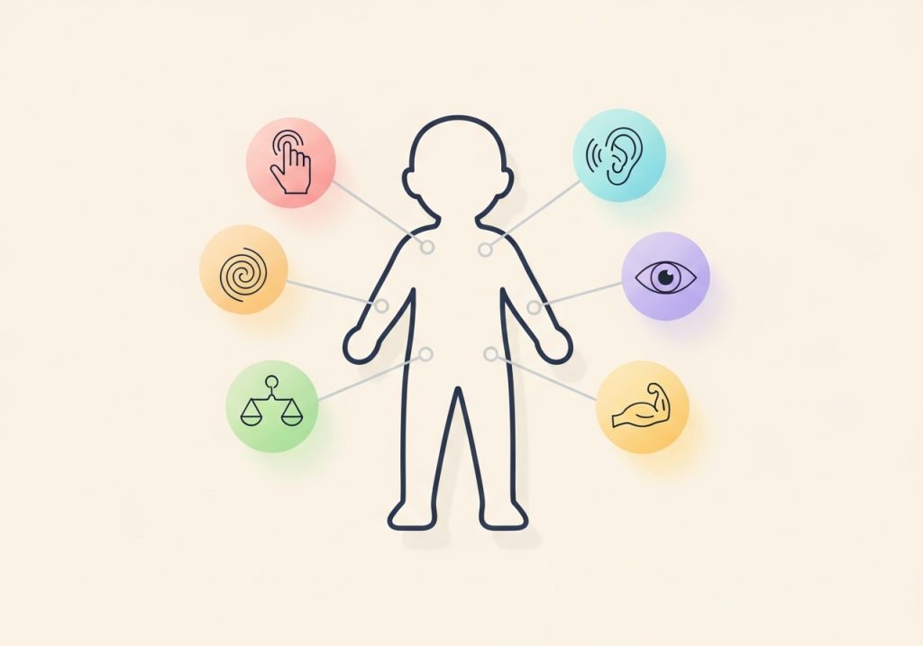 A diagram showing the different sensory systems that an occupational therapist addresses, including tactile, auditory, visual, vestibular, and proprioceptive.