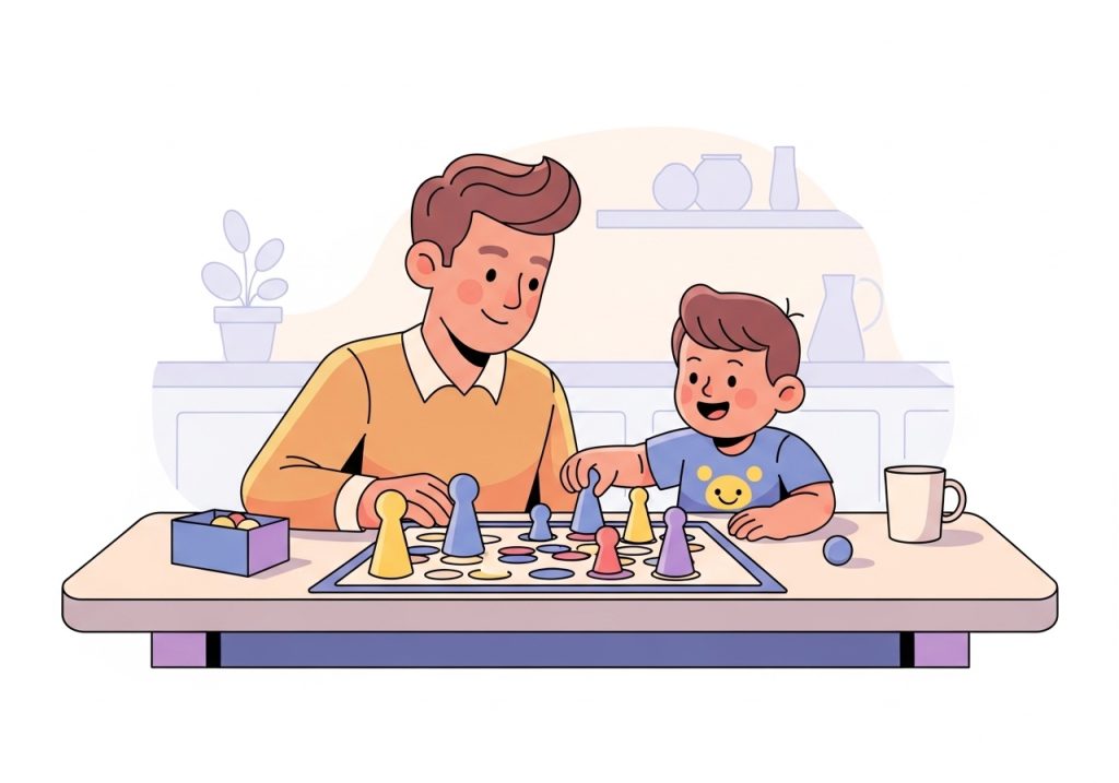 Illustration of a parent and child playing a board game to support social skill development in a daily routine.