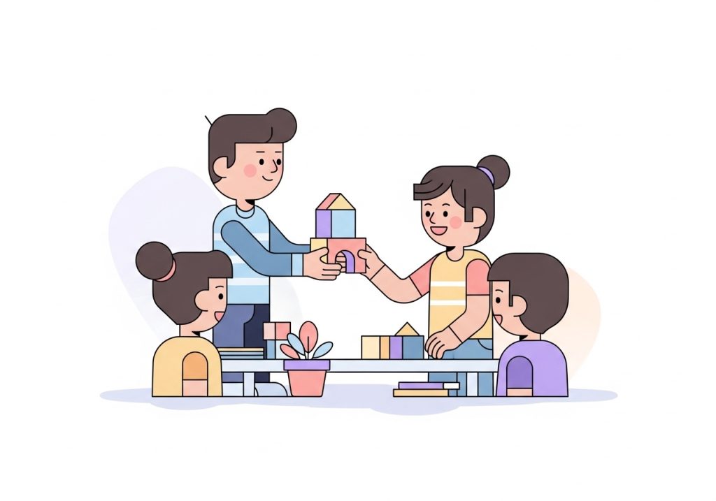 An illustration of children applying social skills by cooperating on a group activity in a classroom setting.