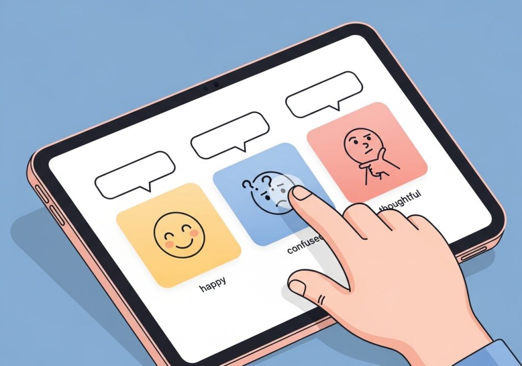 A tablet screen showing interactive tools for social-emotional learning, a key part of social skills training.