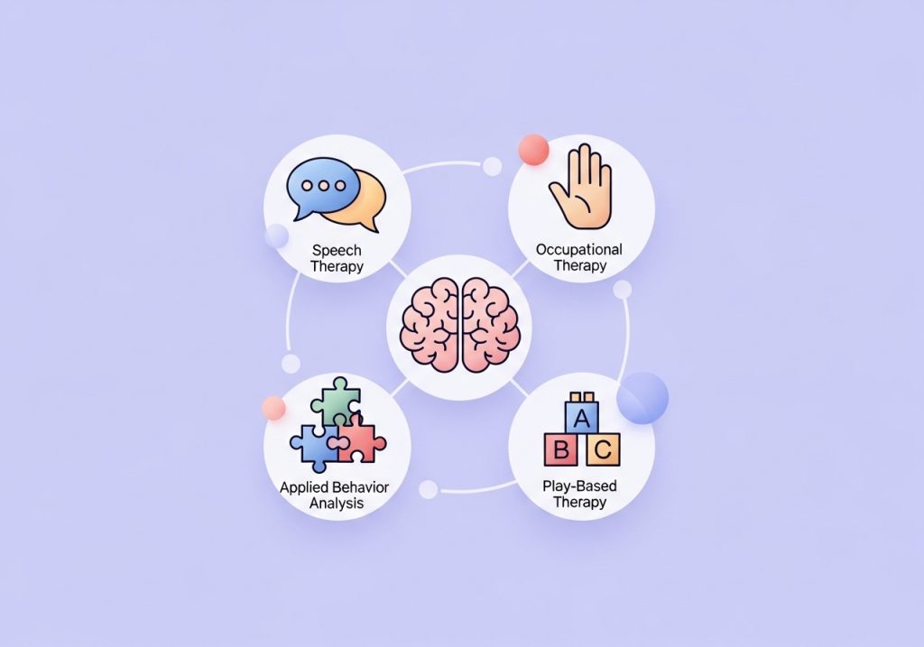 Icons representing different therapeutic approaches for ASD early intervention, including OT and speech therapy.