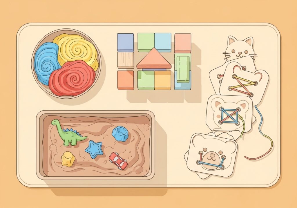 An illustration showing examples of therapeutic play activities, including playdough, a sensory bin, and building blocks.