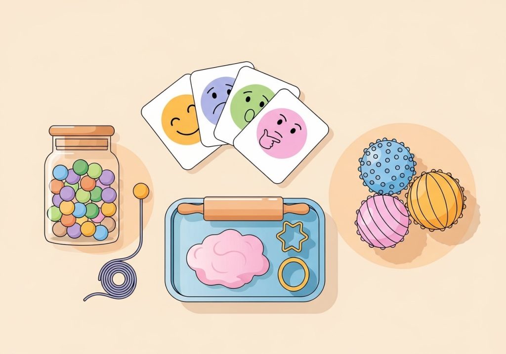 An overhead illustration of materials used for therapeutic play activities, including play-doh, beads, and emotion cards.