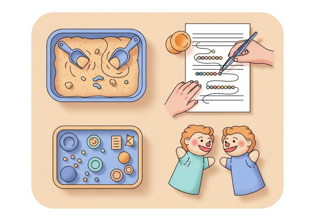 Examples of therapeutic play activities including a sensory bin, beading, and puppets.