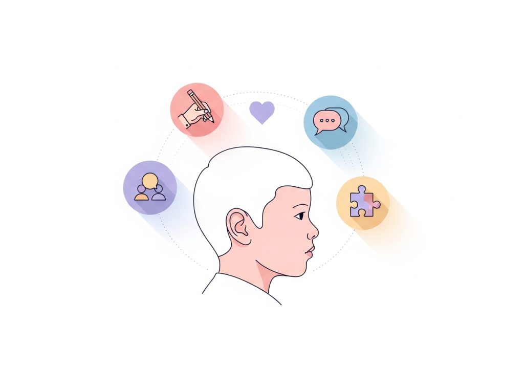 An illustration symbolizing the benefits of therapeutic play for motor, emotional, social, and cognitive development.