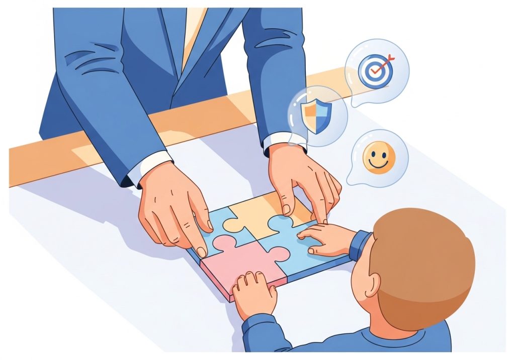 An illustration representing the core principles of therapeutic play, showing supportive hands and icons for goals and safety.