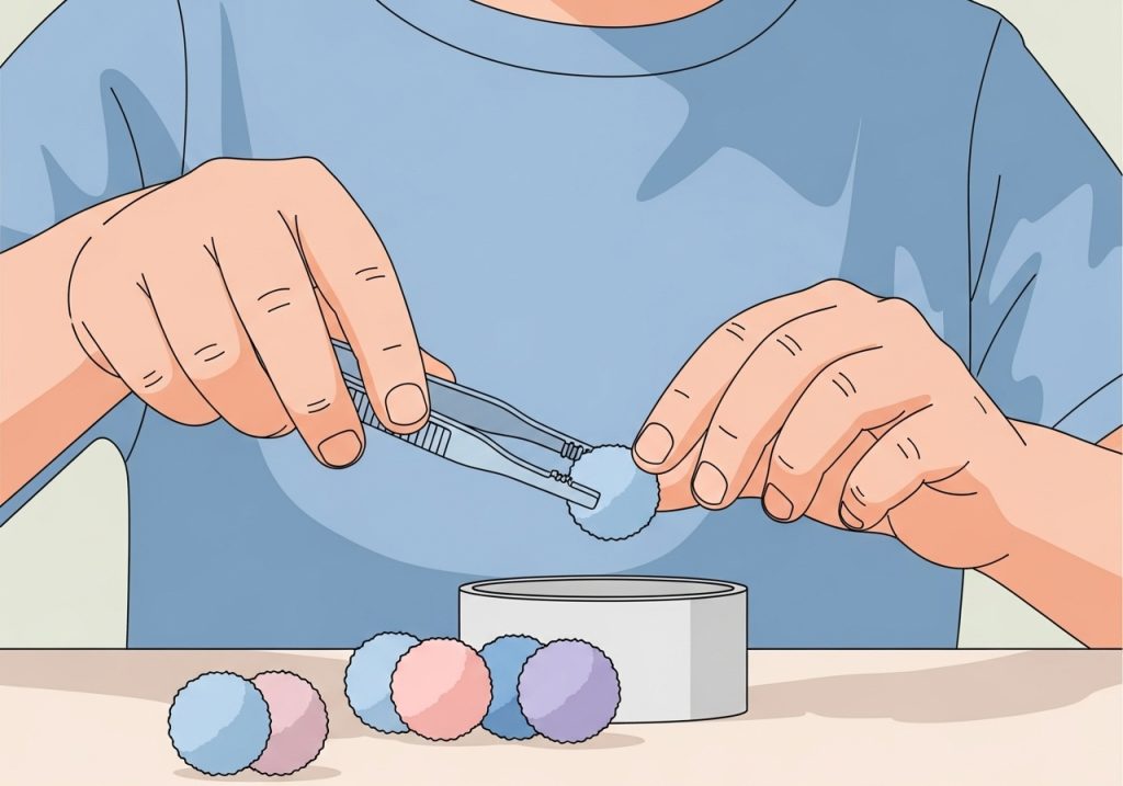 An illustration of a practical therapeutic play activity for fine motor skills, showing a child using tweezers with pom-poms.