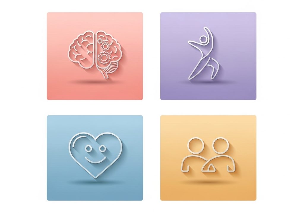 Icons representing the core goals of therapeutic play: cognitive, physical, emotional, and social development.