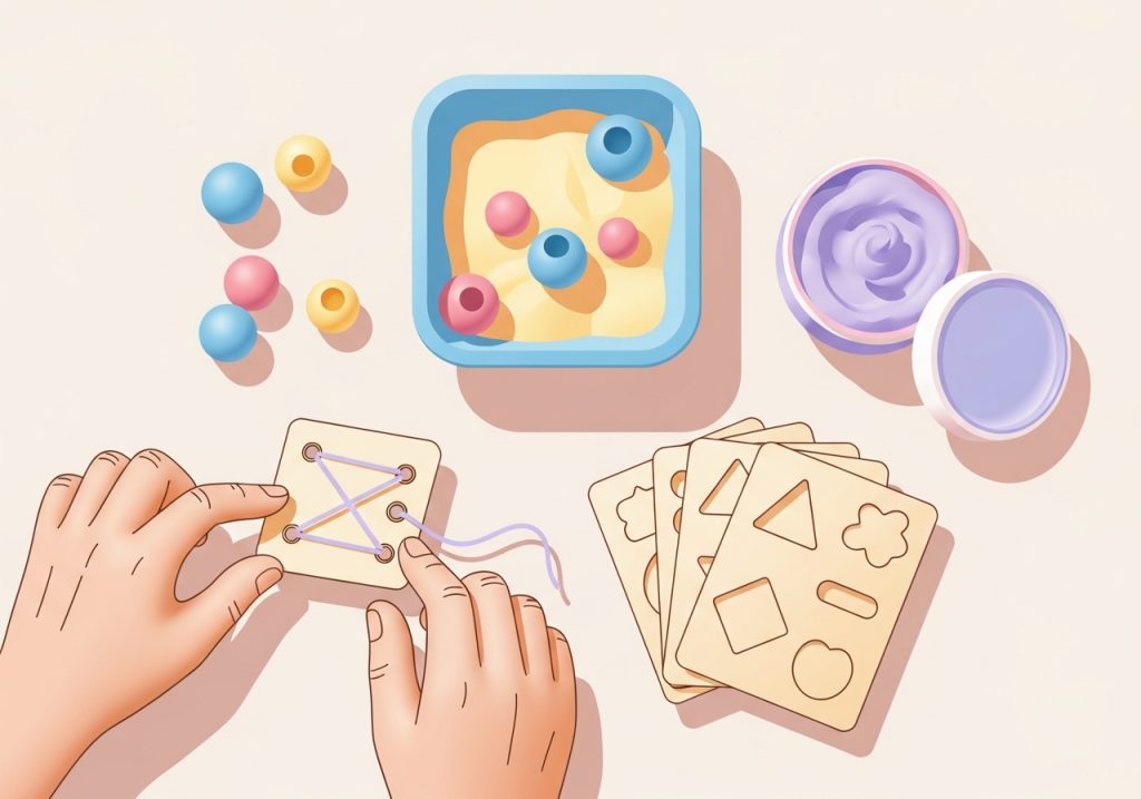 An illustration of materials used in a therapeutic play session, including a sensory bin, beads, and therapy putty.