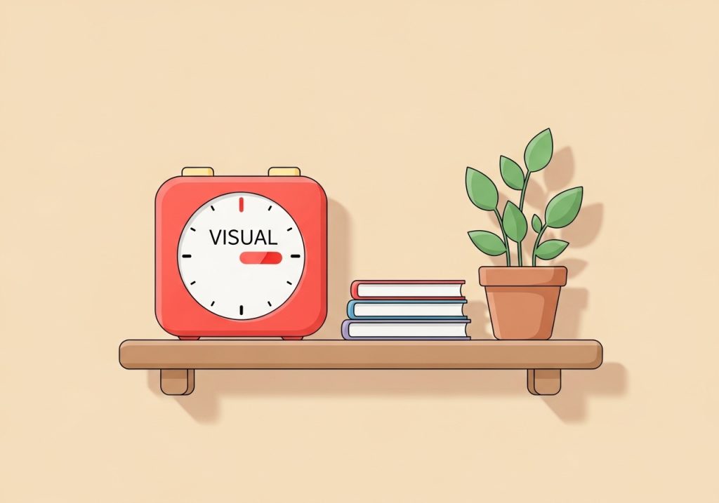 A visual timer on a shelf, used as a sensory tool to help with predictable transitions for autistic learners.