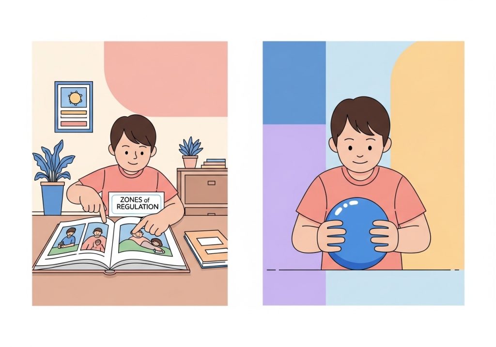 Illustration showing the connection between a Zones of Regulation book and using a sensory tool to practice self-regulation skills.