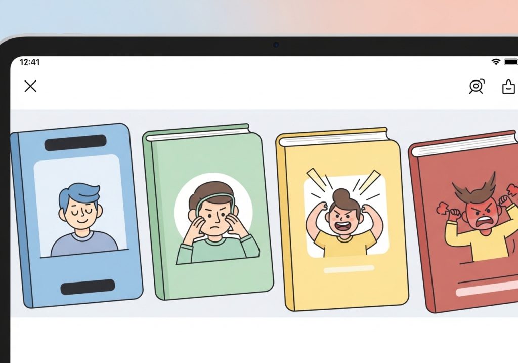 An illustration showing four different storybook covers on a tablet, each designed to teach children about one of the four Zones of Regulation.